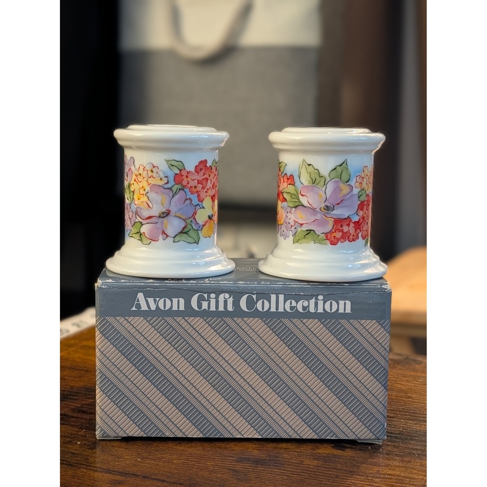 Vintage Avon Floral Porcelain Taper Candle Holders Pair Gift Collection w/ Box